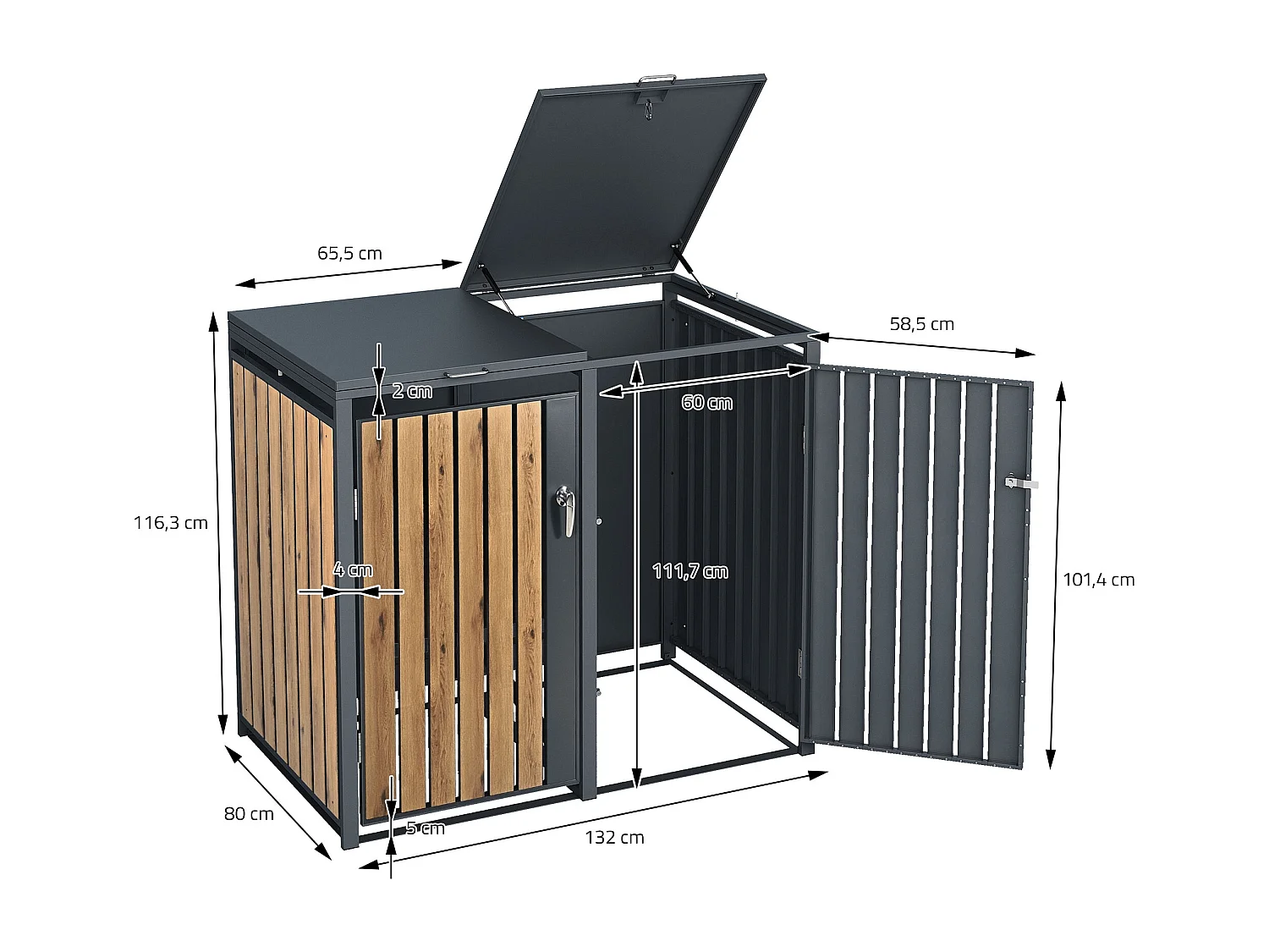 Abri pour 4 poubelles 264x80x116,3 cm capacité de 60L à 240L anthracite/aspect chêne acier couvercle rabattable/4 portes résistant aux intempéries