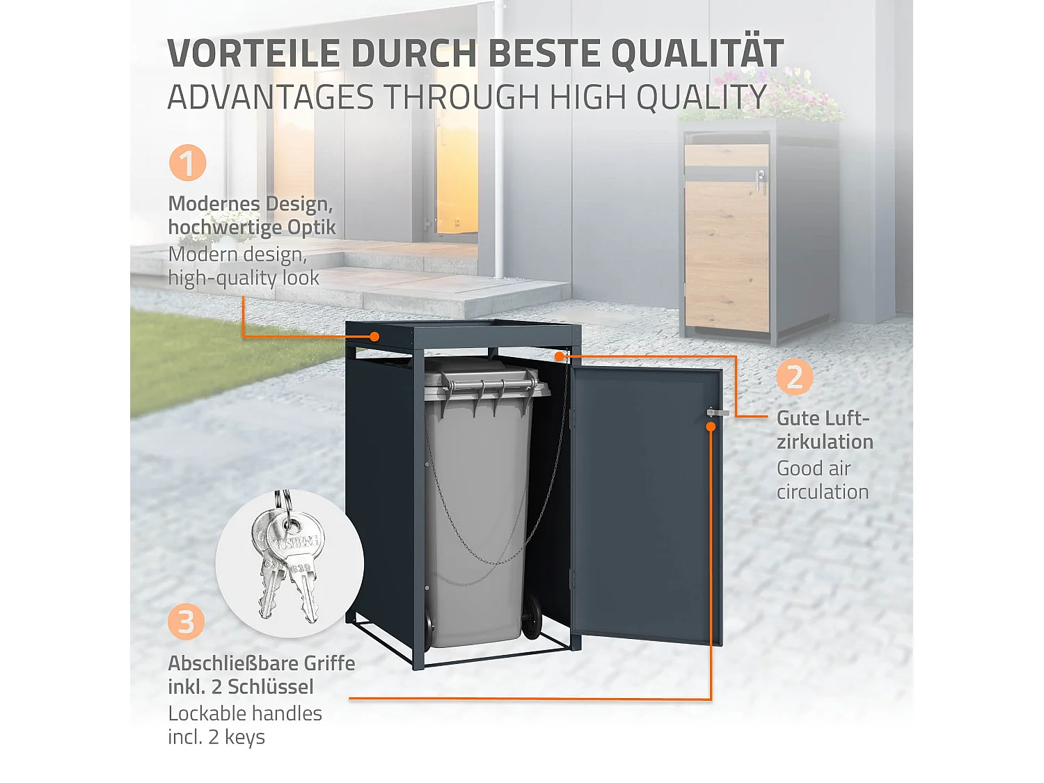 Abri pour 1 poubelle 68x80x124 cm capacité de 60L à 240L anthracite/aspect chêne en acier avec toit pour plantes et porte résistant aux intempéries