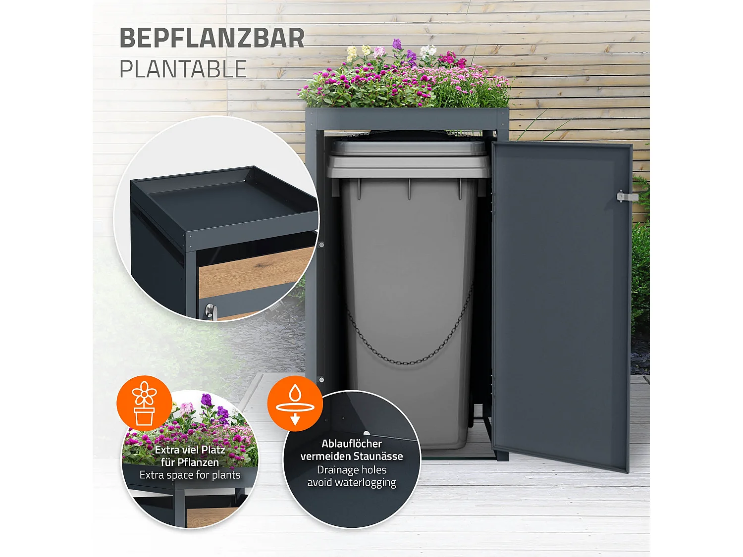 Abri pour 1 poubelle 68x80x124 cm capacité de 60L à 240L anthracite/aspect chêne en acier avec toit pour plantes et porte résistant aux intempéries