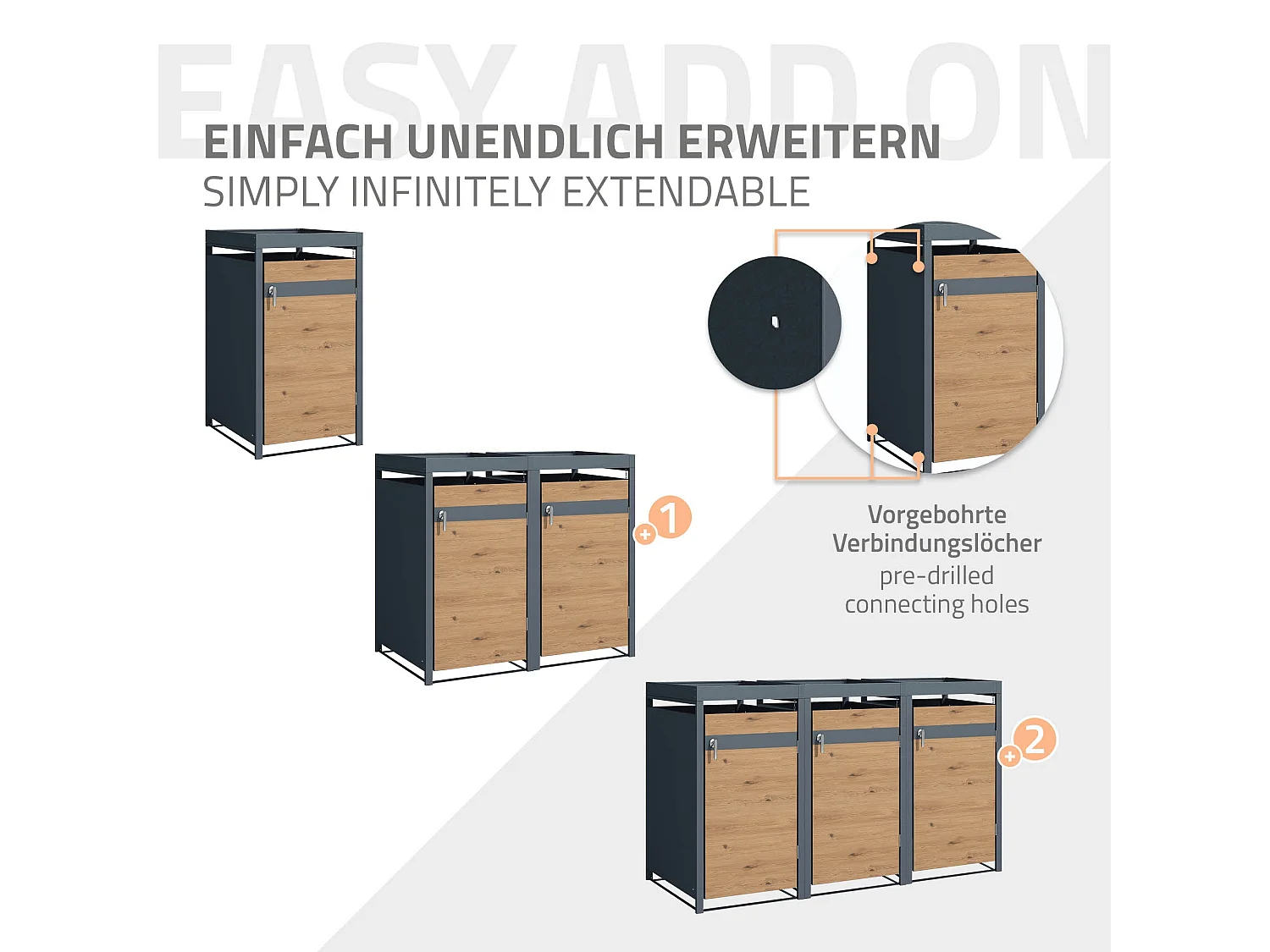 Abri pour 1 poubelle 68x80x124 cm capacité de 60L à 240L anthracite/aspect chêne en acier avec toit pour plantes et porte résistant aux intempéries