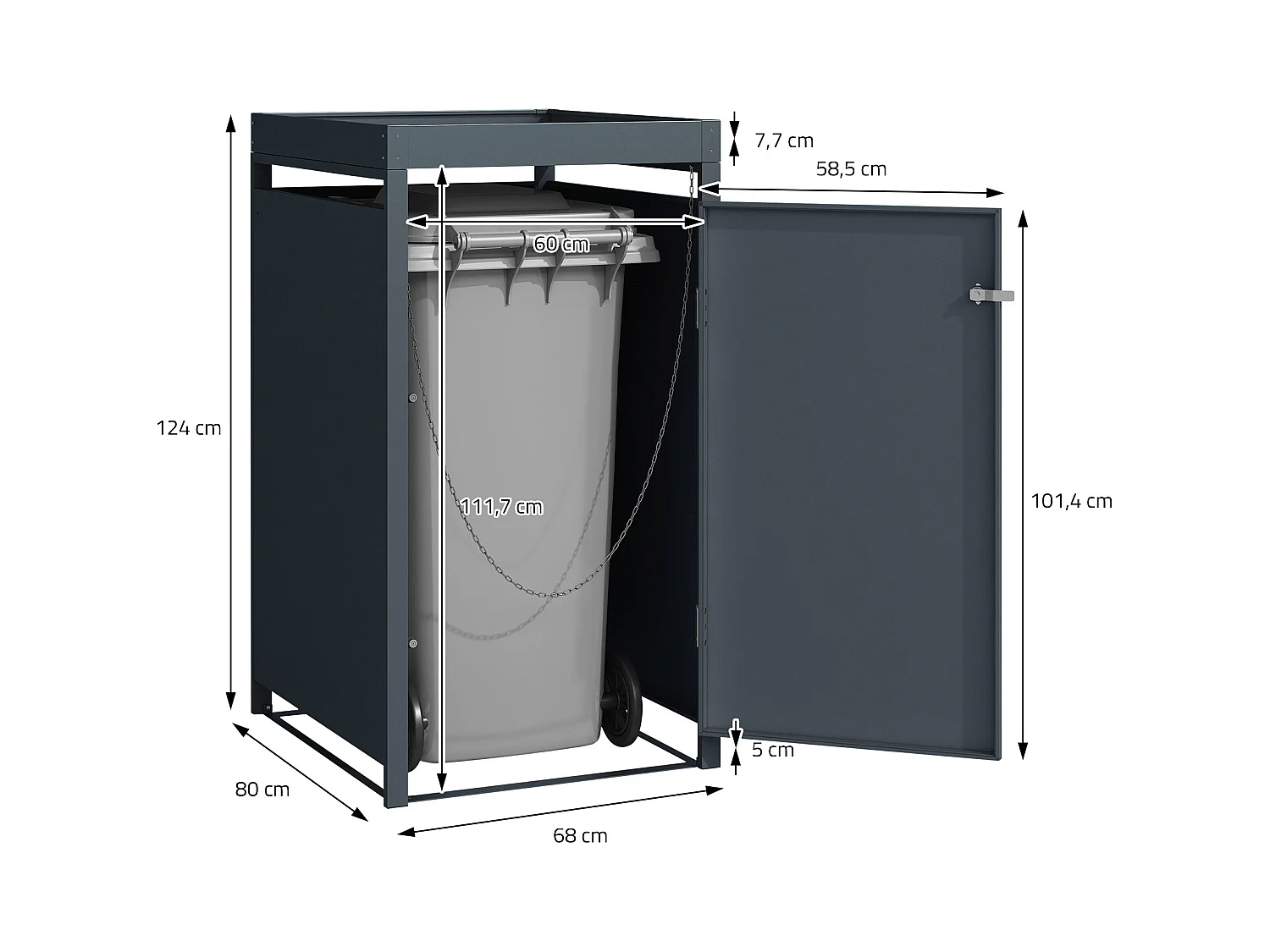 Abri pour 1 poubelle 68x80x124 cm capacité de 60L à 240L anthracite/aspect chêne en acier avec toit pour plantes et porte résistant aux intempéries