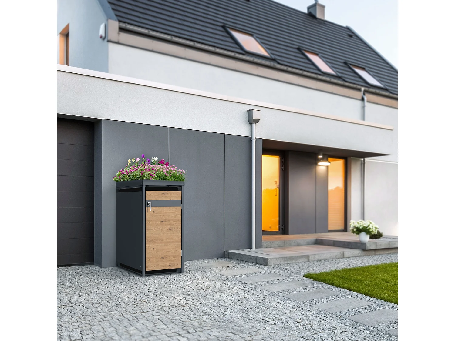 Abri pour 1 poubelle 68x80x124 cm capacité de 60L à 240L anthracite/aspect chêne en acier avec toit pour plantes et porte résistant aux intempéries