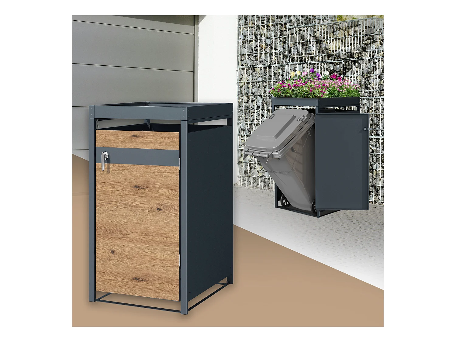 ML-Design Copribidone per 1 bidone 240L 68x80x124 cm in acciaio antracite effetto quercia contenitore pattumiera per spazzatura con tetto a fioriera