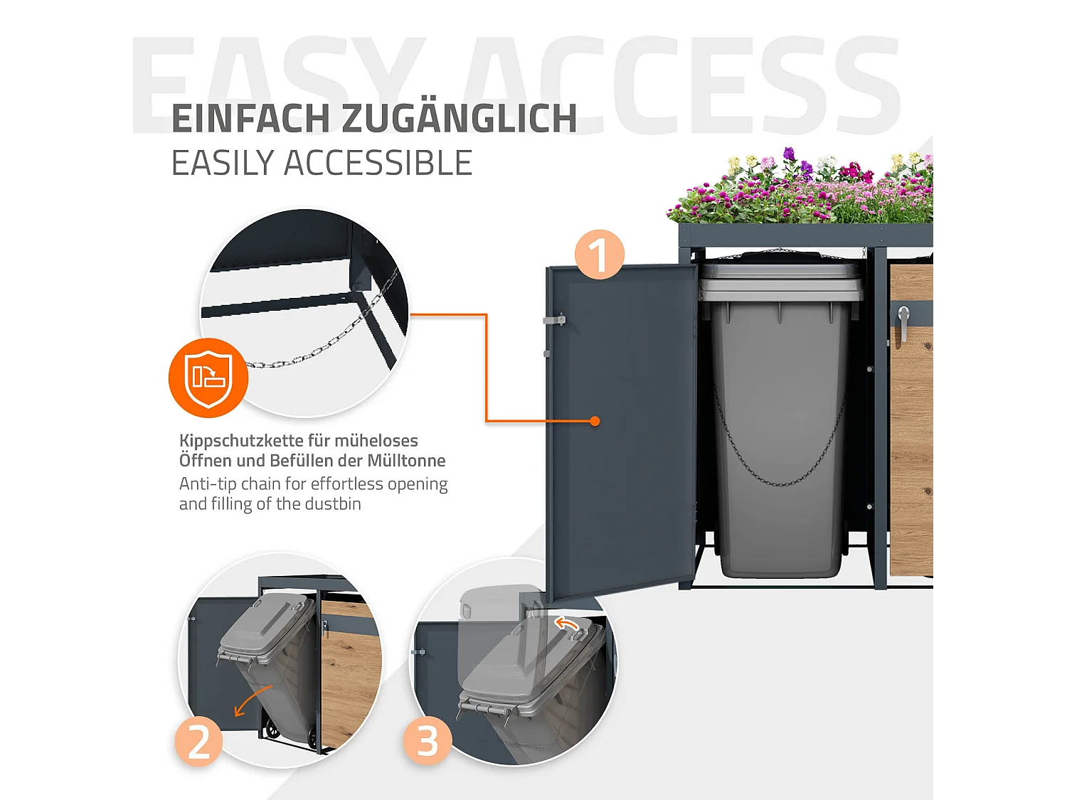 Abri pour 4 poubelles 264x80x124 cm capacité de 60L à 240L anthracite/aspect chêne en acier avec toit pour plantes/4 portes résistant aux intempéries