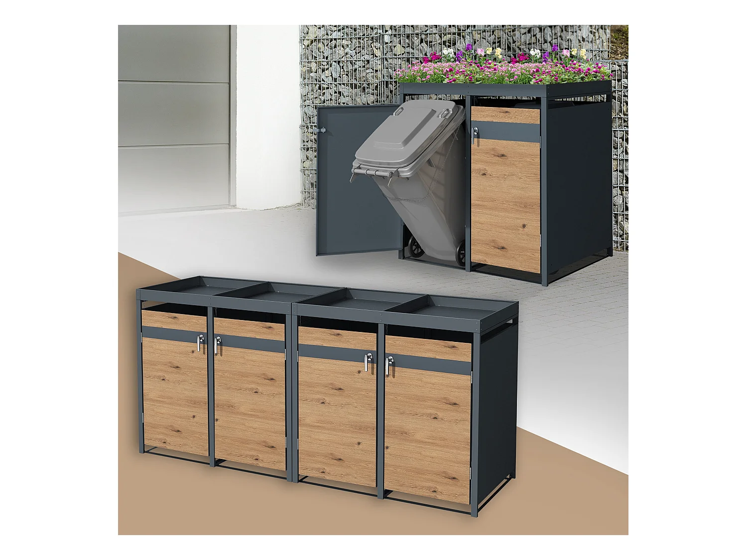 ML-Design Cobertizo de exterior para 4 cubos de basura de 240L 264x80x124 cm de acero con aspecto alerce cubre contenedor con tapa y puerta abatible