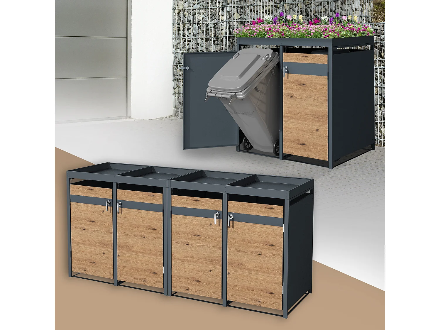 ML-Design Cobertizo de exterior para 4 cubos de basura de 240L 264x80x124 cm de acero con aspecto alerce cubre contenedor con tapa y puerta abatible