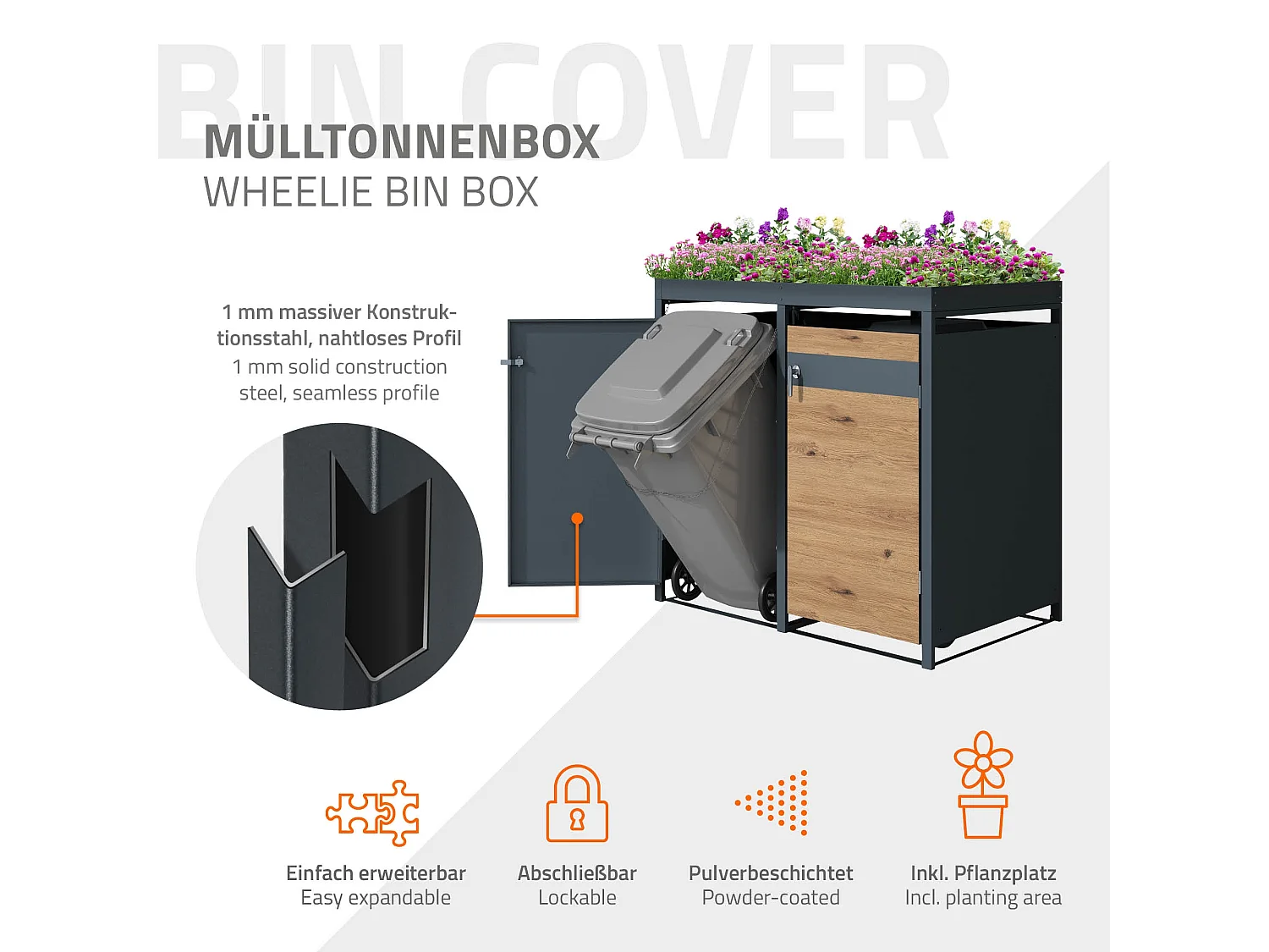 ML-Design Cobertizo de exterior para 4 cubos de basura de 240L 264x80x124 cm de acero con aspecto alerce cubre contenedor con tapa y puerta abatible