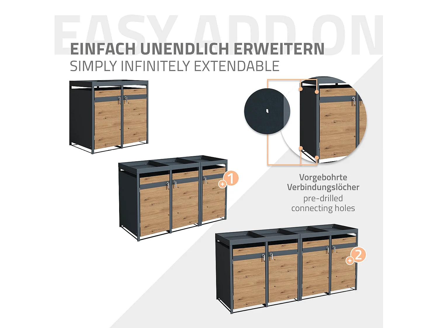 ML-Design Cobertizo de exterior para 4 cubos de basura de 240L 264x80x124 cm de acero con aspecto alerce cubre contenedor con tapa y puerta abatible