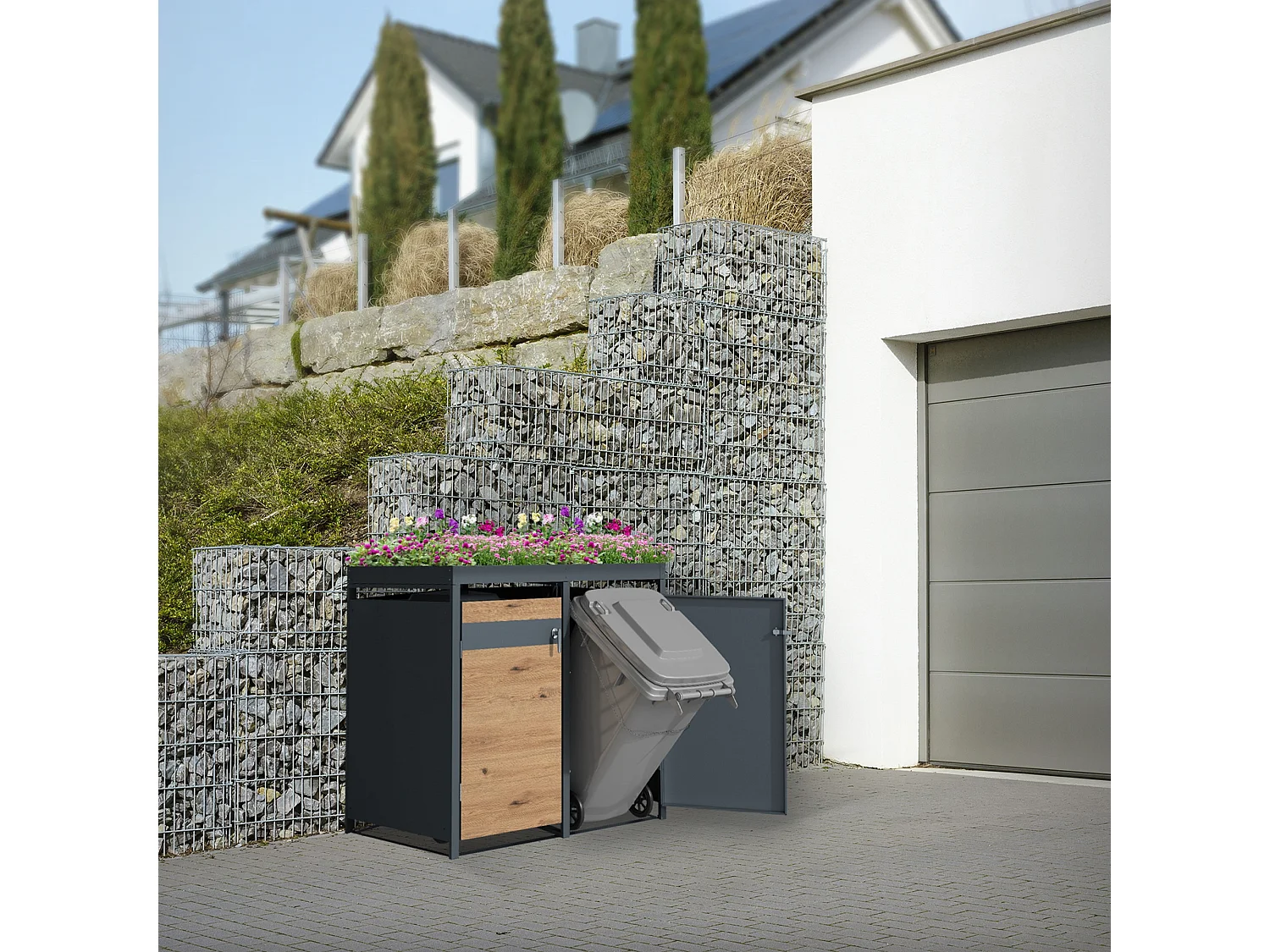ML-Design Cobertizo de exterior para 4 cubos de basura de 240L 264x80x124 cm de acero con aspecto alerce cubre contenedor con tapa y puerta abatible