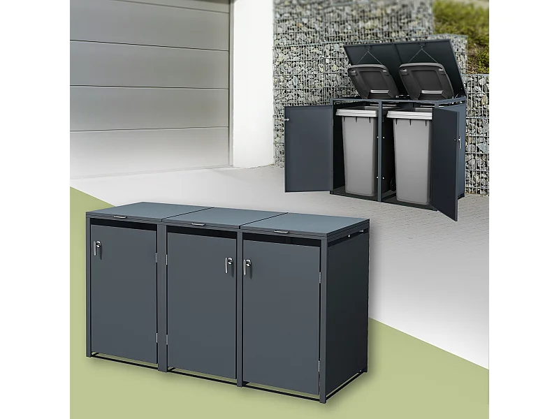 ML-Design Copribidoni per 3 bidoni 240 L 200x80x116,3 cm in acciaio antracite con 3 sportelli resistente alle intemperie contenitore per pattumiera