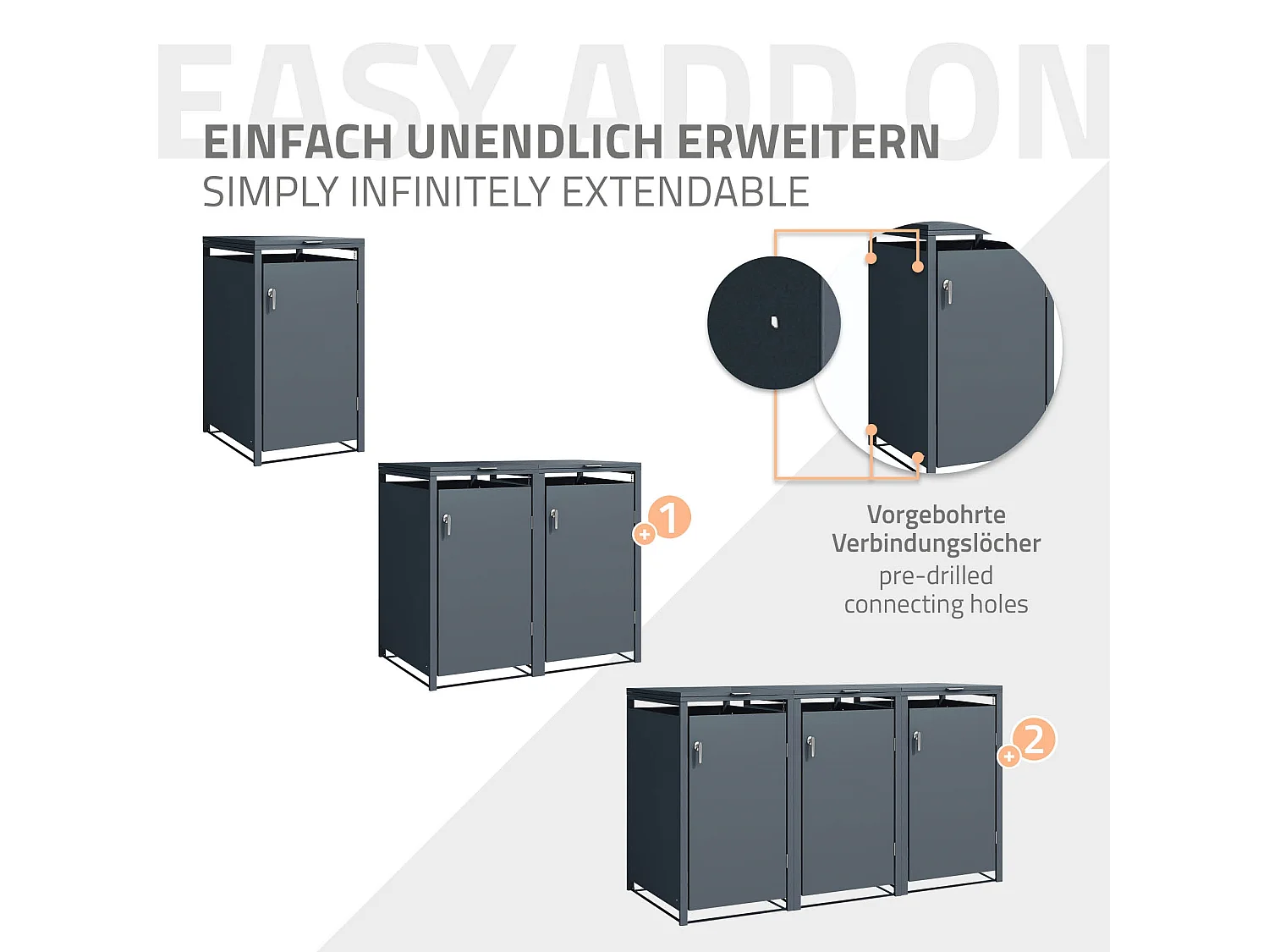 Abri pour 3 poubelles 200x80x116,3 cm capacité de 60 à 240 litres anthracite en acier avec couvercle rabattable et 3 portes résistant aux intempéries