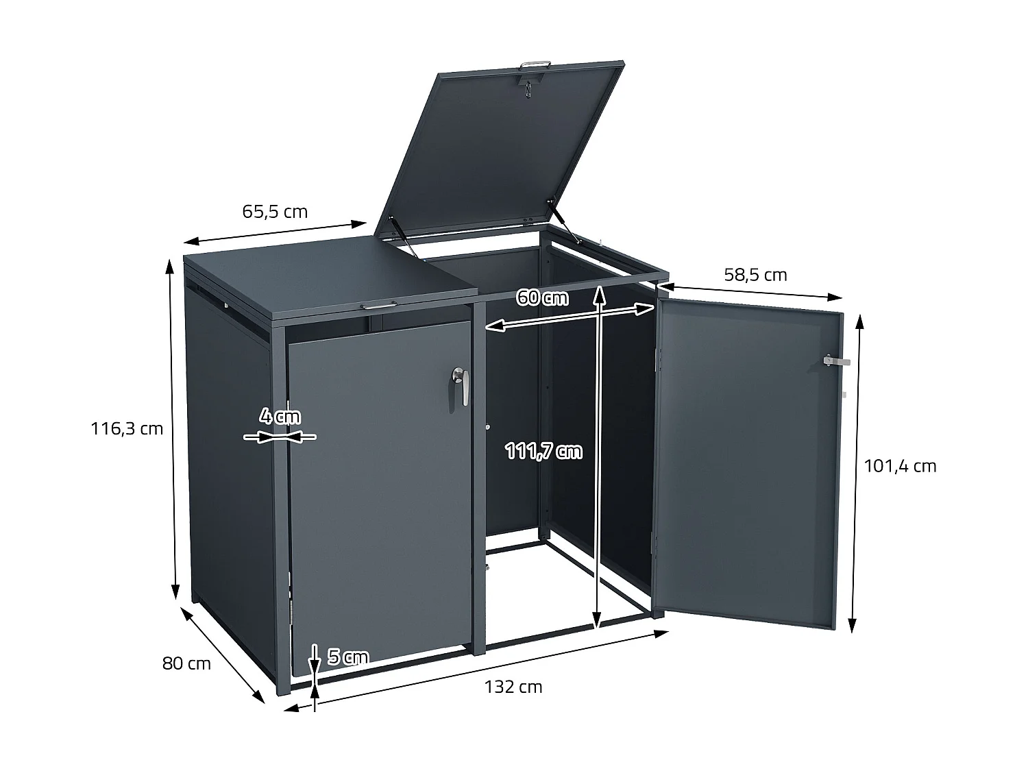 Abri pour 3 poubelles 200x80x116,3 cm capacité de 60 à 240 litres anthracite en acier avec couvercle rabattable et 3 portes résistant aux intempéries