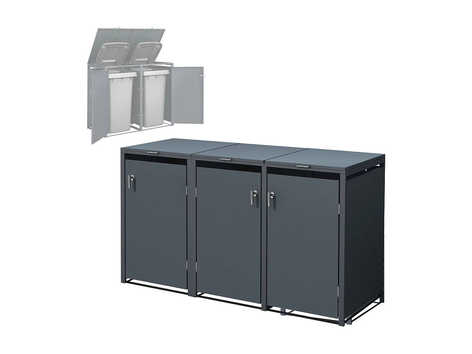 Abri pour 3 poubelles 200x80x116,3 cm capacité de 60 à 240 litres anthracite en acier avec couvercle rabattable et 3 portes résistant aux intempéries