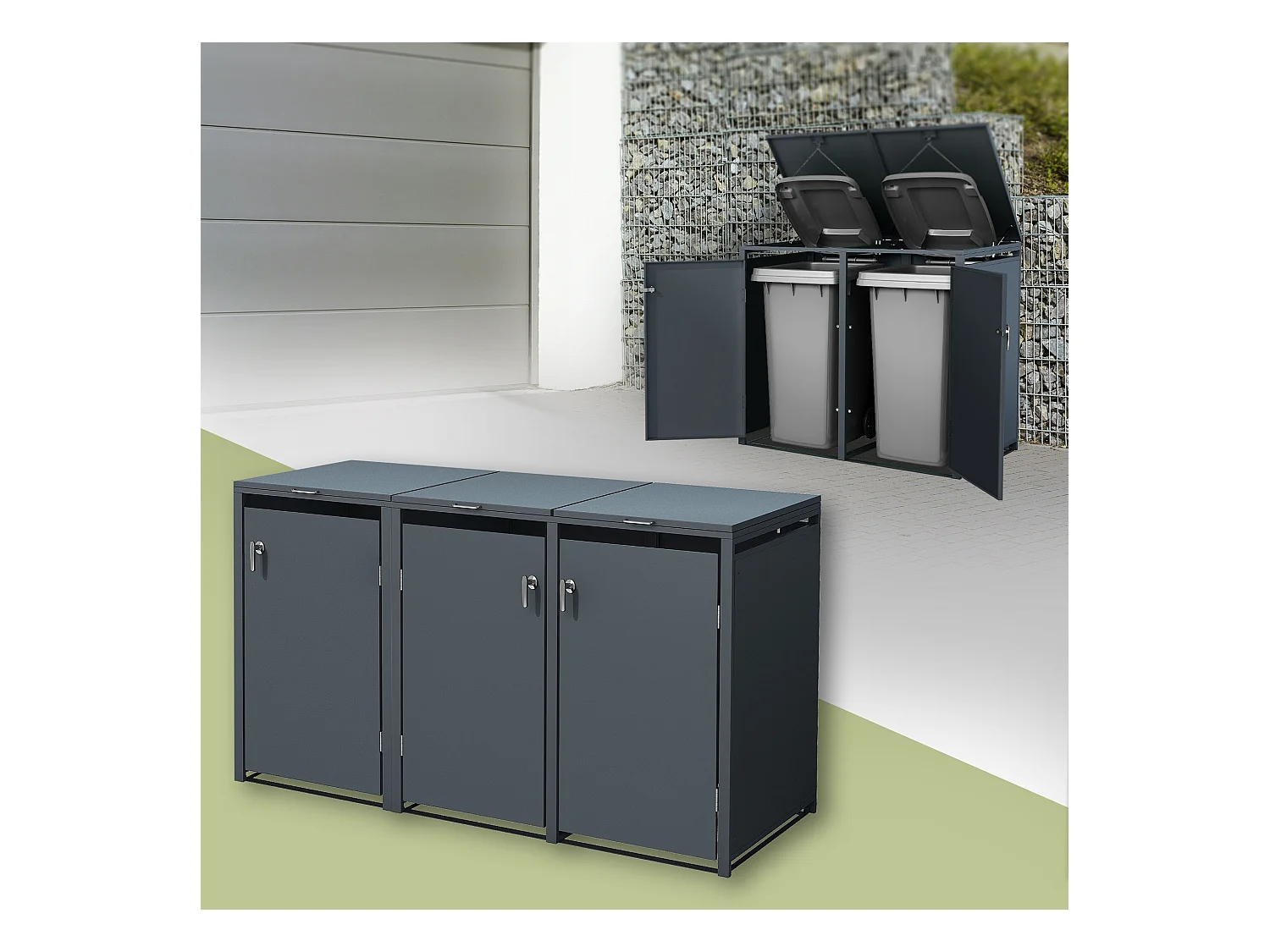 ML-Design Cobertizo de exterior para 3 cubos de basura 240L 200x80x116,3cm antracita caseta de acero para jardín con tapa abatible y 3 puertas