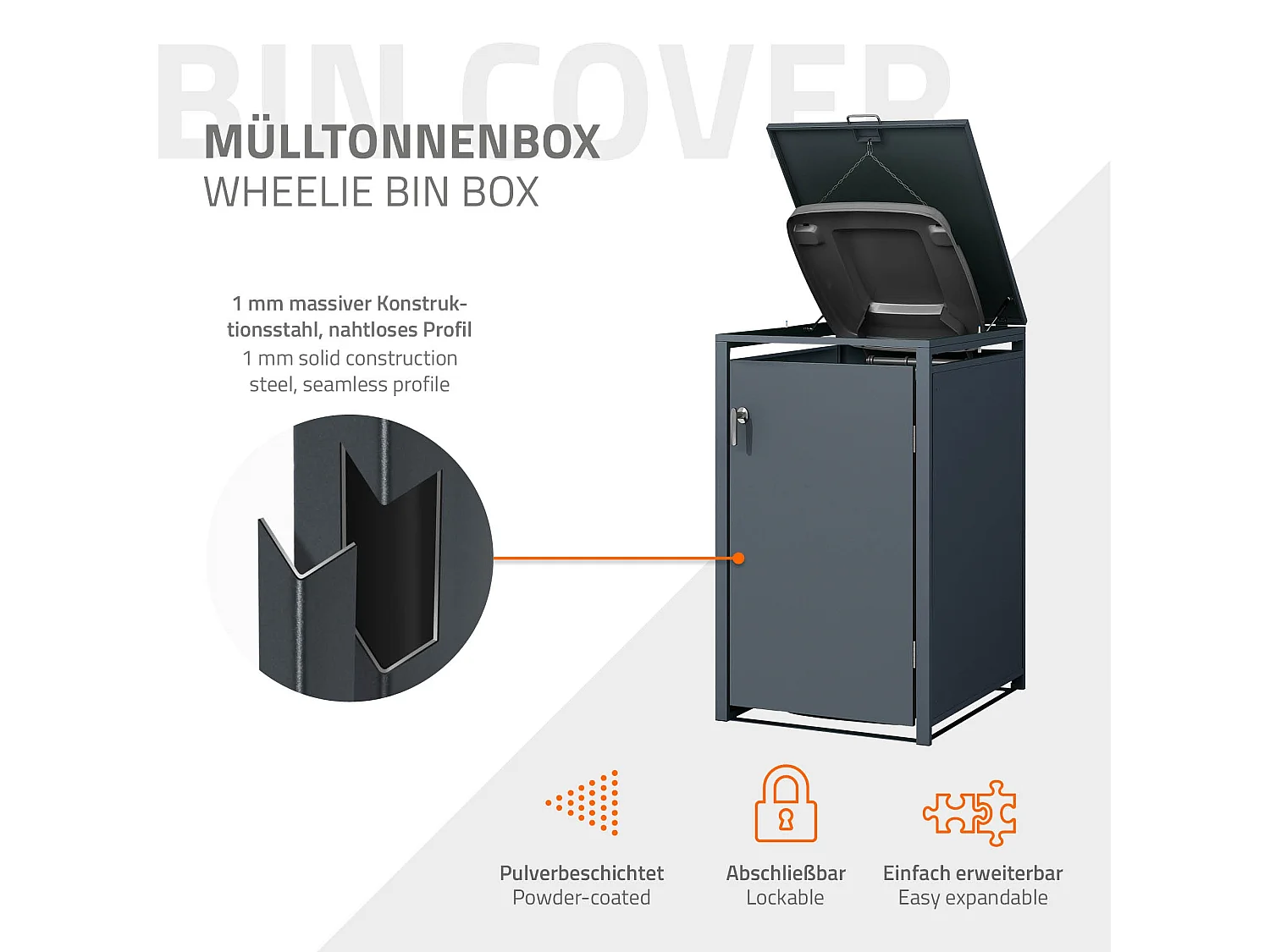 Abri pour 3 poubelles 200x80x116,3 cm capacité de 60 à 240 litres anthracite en acier avec couvercle rabattable et 3 portes résistant aux intempéries