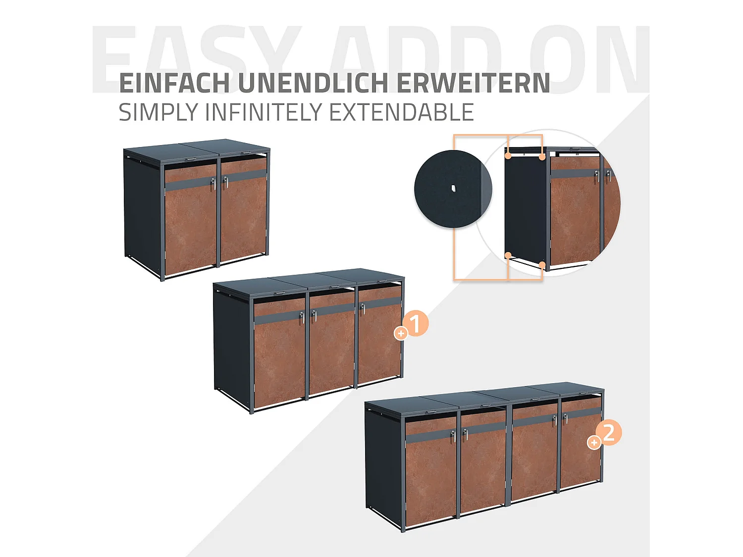 ML-Design Copribidoni per 4 bidoni 240L 264x80x116,3 cm acciaio antracite effetto ruggine contenitore per pattumiera con 4 sportelli copertura cestini