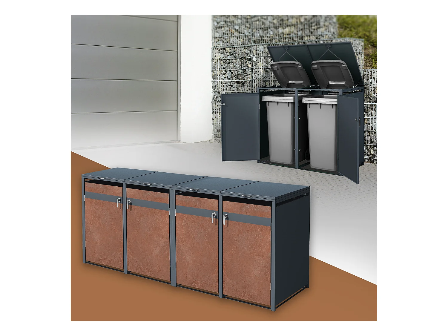 ML-Design Cobertizo de exterior para 4 cubos de basura de 240L 264x80x116,3cm antracita acabado óxido cubre contenedor con tapa y 2 puertas