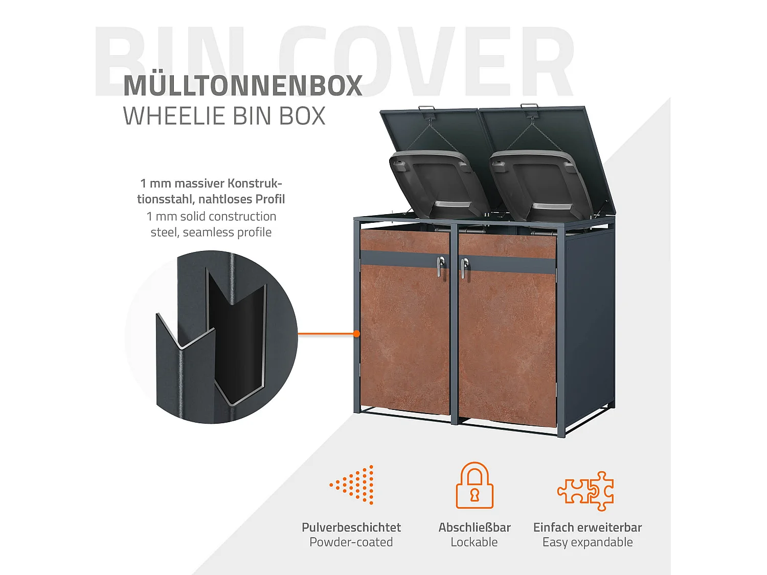 Abri pour 4 poubelles 264x80x116,3 cm capacité de 60L à 240L anthracite/aspect rouillé acier couvercle rabattable/4 portes résistant aux intempéries