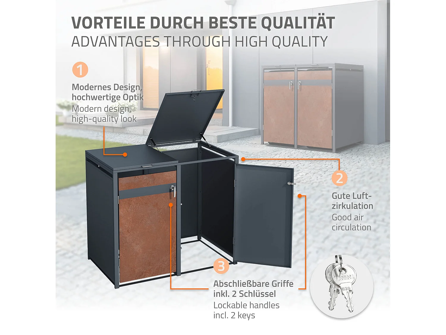 Abri pour 4 poubelles 264x80x116,3 cm capacité de 60L à 240L anthracite/aspect rouillé acier couvercle rabattable/4 portes résistant aux intempéries