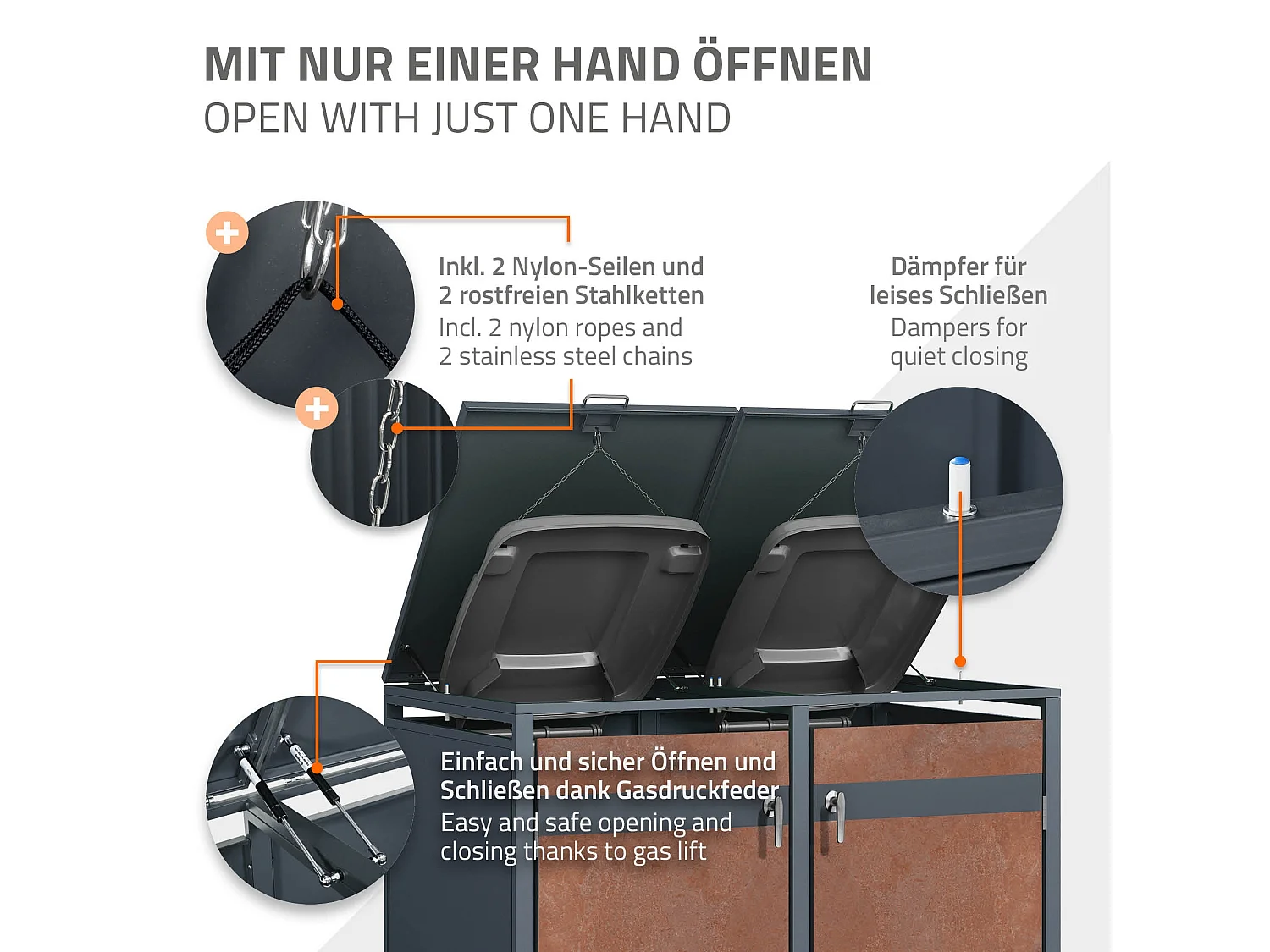 Abri pour 4 poubelles 264x80x116,3 cm capacité de 60L à 240L anthracite/aspect rouillé acier couvercle rabattable/4 portes résistant aux intempéries