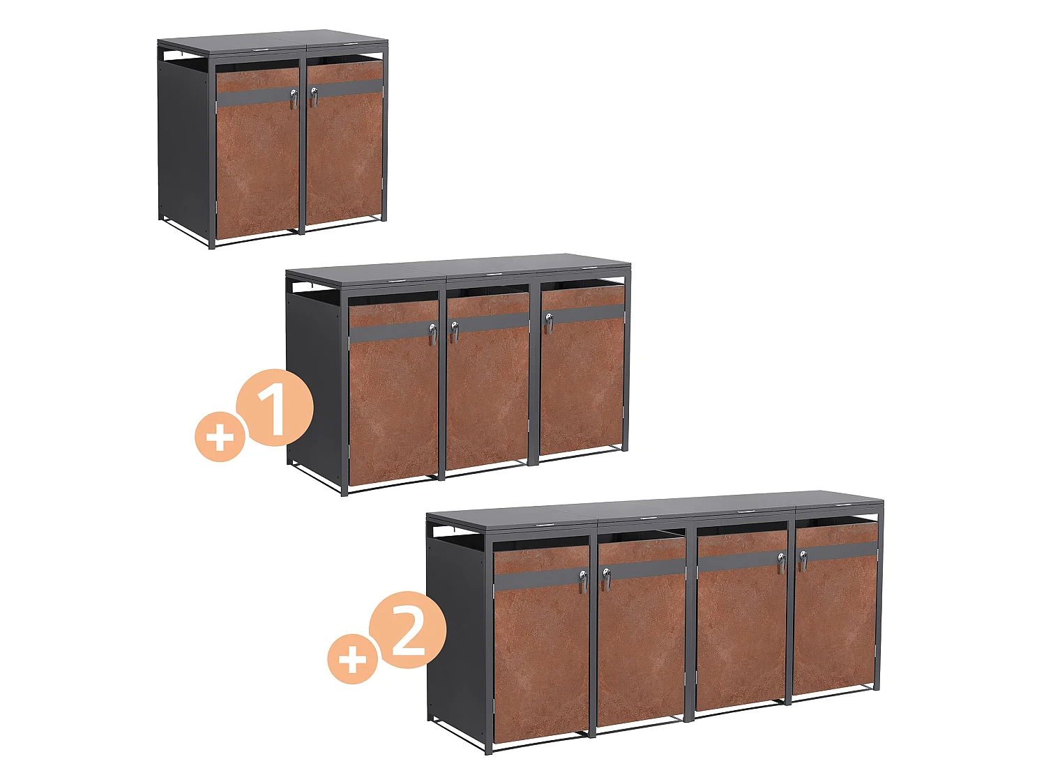 ML-Design Copribidoni per 4 bidoni 240L 264x80x120 cm acciaio antracite effetto ruggine contenitore per pattumiera con 4 sportelli copertura cestini