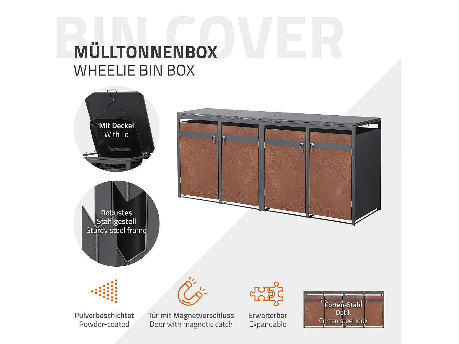 ML-Design Copribidoni per 4 bidoni 240L 264x80x120 cm acciaio antracite effetto ruggine contenitore per pattumiera con 4 sportelli copertura cestini