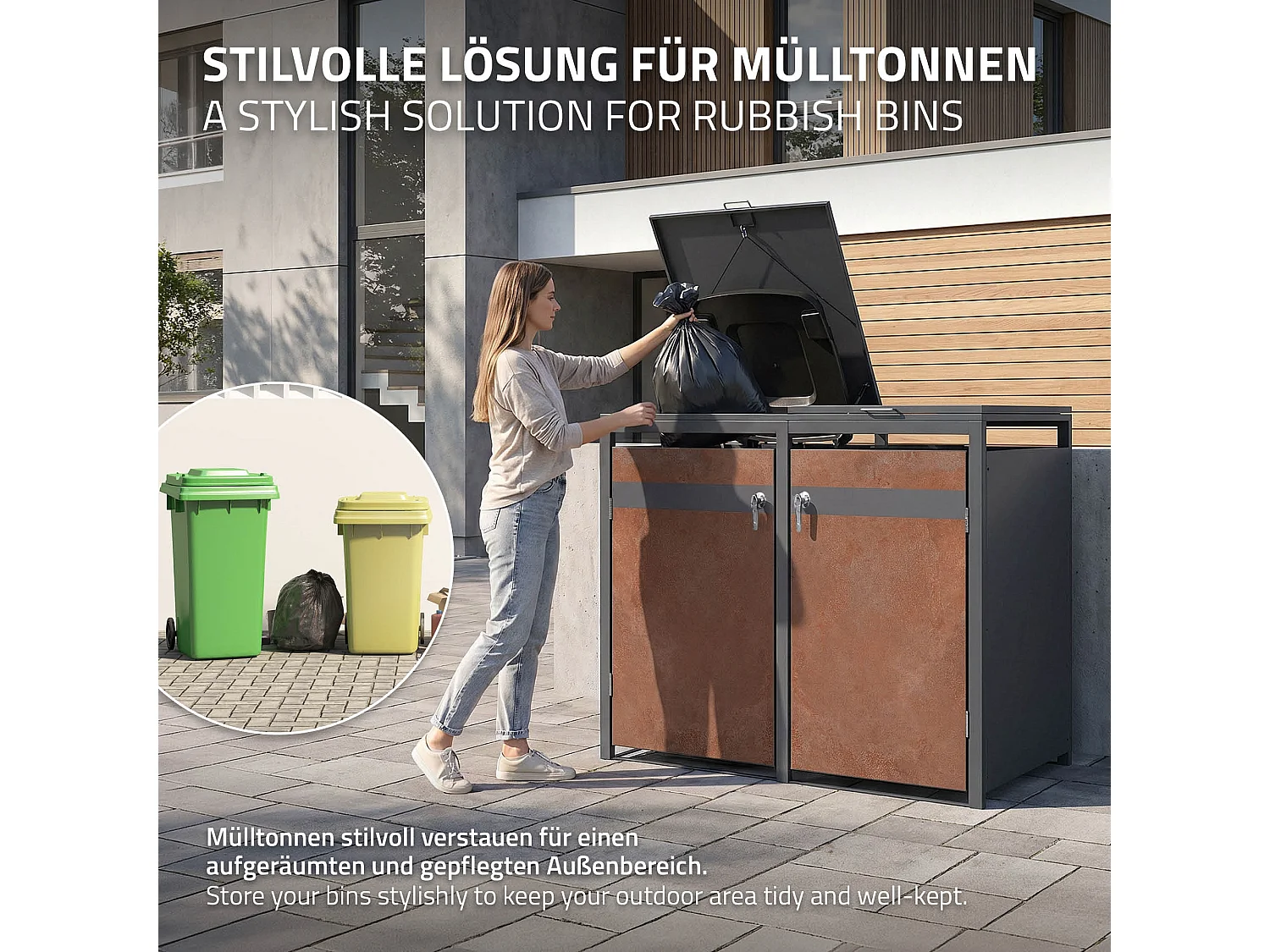 ML-Design Copribidoni per 4 bidoni 240L 264x80x120 cm acciaio antracite effetto ruggine contenitore per pattumiera con 4 sportelli copertura cestini