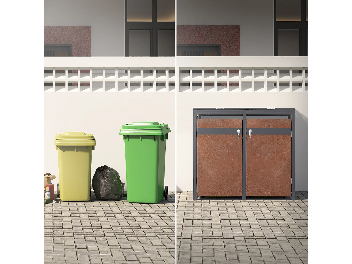 ML-Design Copribidoni per 4 bidoni 240L 264x80x120 cm acciaio antracite effetto ruggine contenitore per pattumiera con 4 sportelli copertura cestini