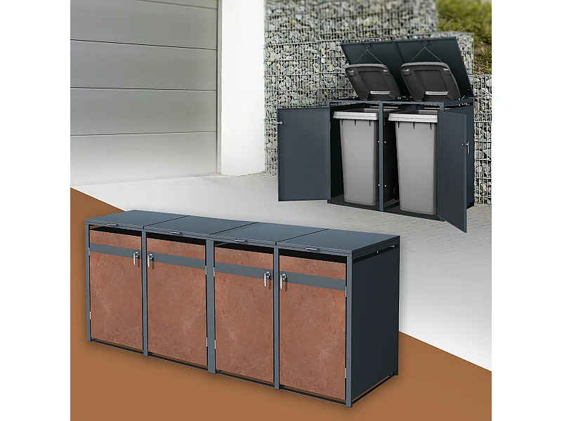 Abri pour 4 poubelles 264x80x116,3 cm capacité de 60L à 240L anthracite/aspect rouillé acier couvercle rabattable/4 portes résistant aux intempéries