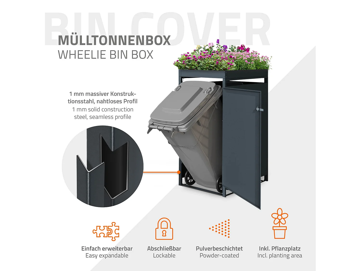 Abri pour 3 poubelles avec toit en acier anthracite rouillé 240L 200x80x116,3cm