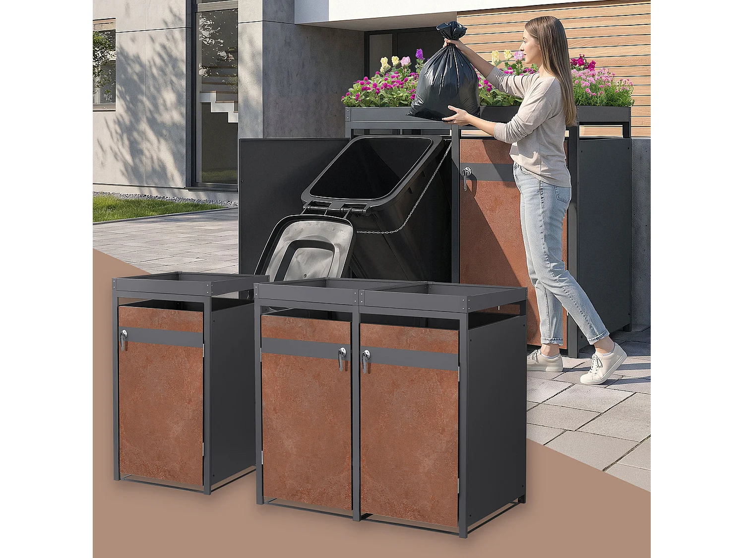 ML-Design Copribidoni per 3 bidoni 240L 200x80x124 cm in acciaio antracite effetto ruggine contenitore per pattumiera con 3 porte e tetto a fioriera