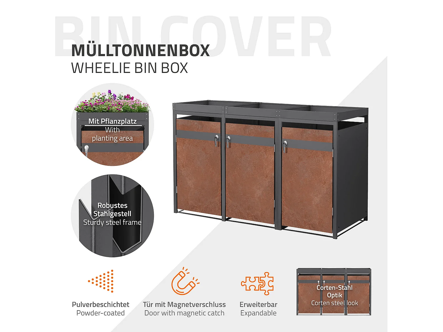 ML-Design Copribidoni per 3 bidoni 240L 200x80x124 cm in acciaio antracite effetto ruggine contenitore per pattumiera con 3 porte e tetto a fioriera