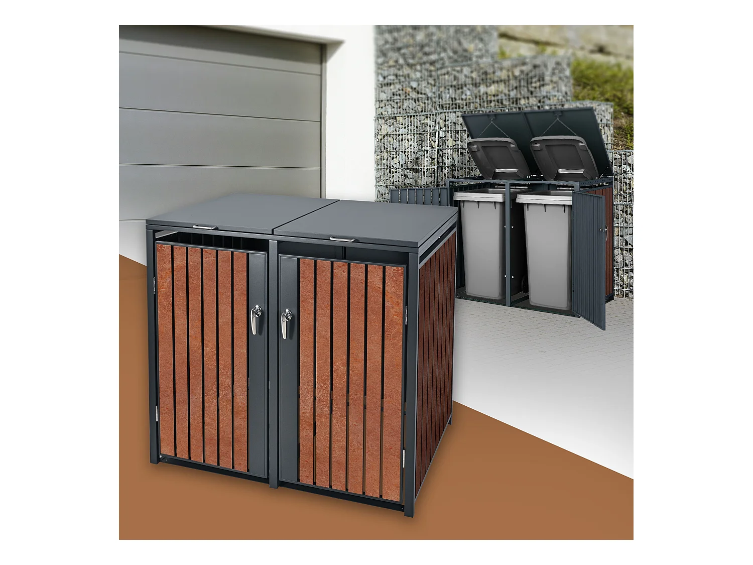Abri pour 2 poubelles 132x80x116,3 cm capacité de 60L à 240L anthracite/aspect rouillé acier couvercle rabattable/2 portes résistant aux intempéries