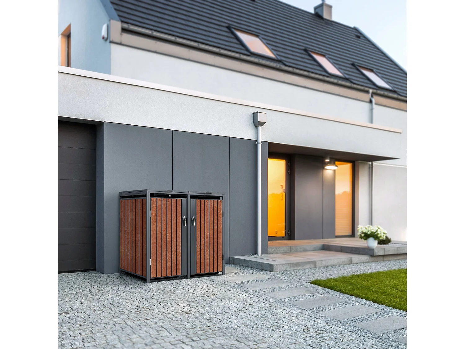 Abri pour 2 poubelles 132x80x116,3 cm capacité de 60L à 240L anthracite/aspect rouillé acier couvercle rabattable/2 portes résistant aux intempéries