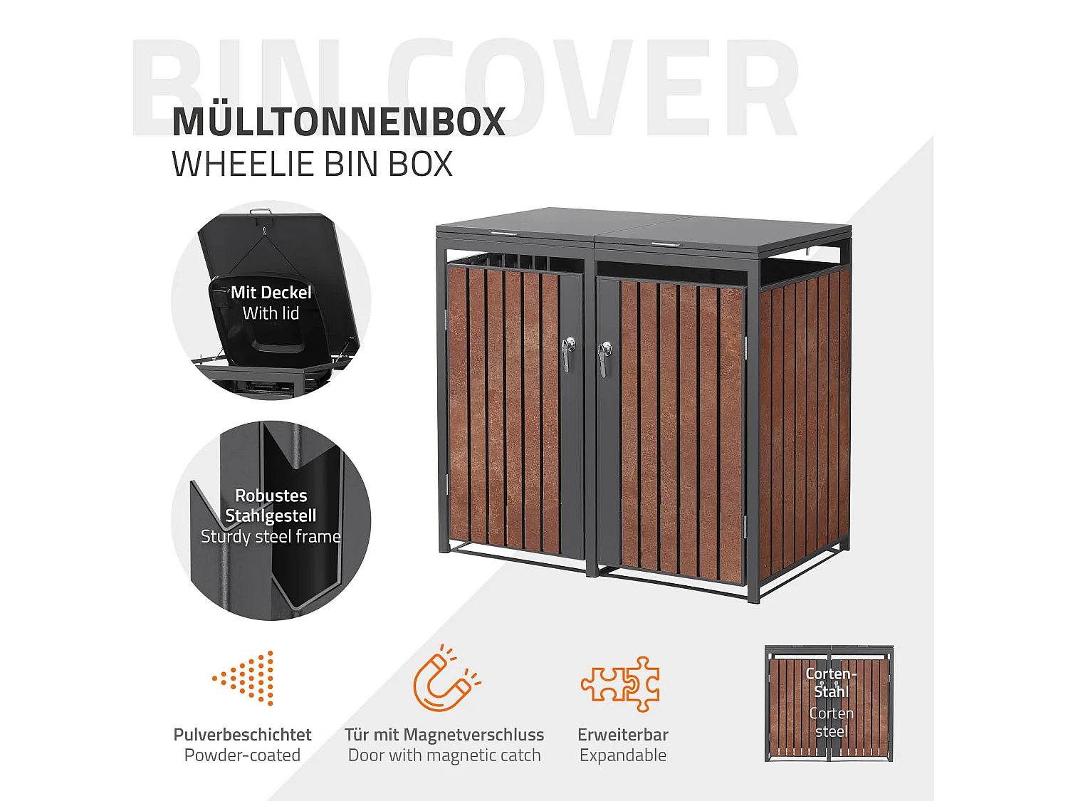 ML-Design Cobertizo de exterior para 2 cubos de basura de 132x80x120cm antracita y marrón óxido cubre contenedor con tapa, puerta y cerradura