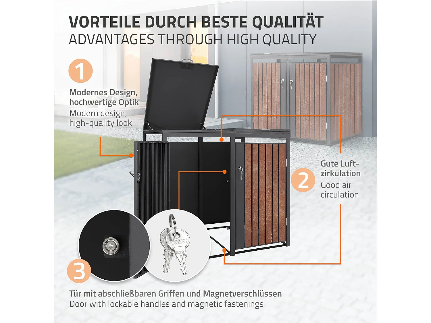 ML-Design Cobertizo de exterior para 2 cubos de basura de 132x80x120cm antracita y marrón óxido cubre contenedor con tapa, puerta y cerradura