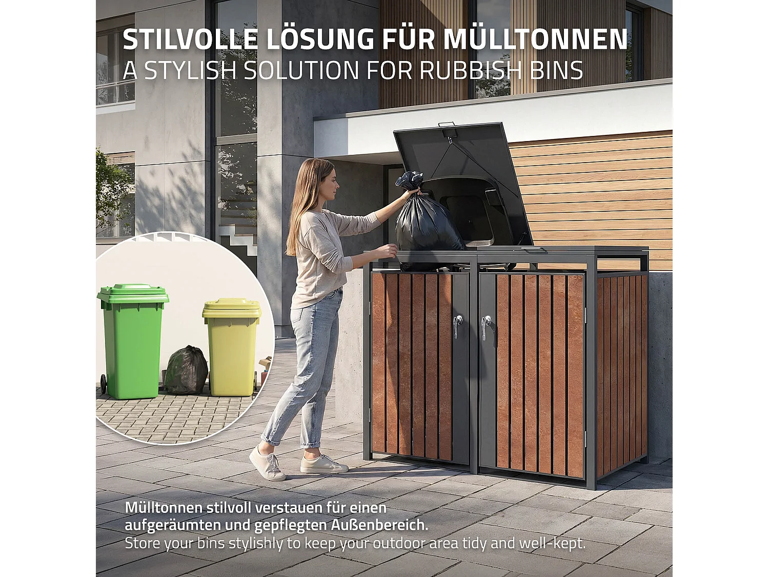 ML-Design Cobertizo de exterior para 2 cubos de basura de 132x80x120cm antracita y marrón óxido cubre contenedor con tapa, puerta y cerradura