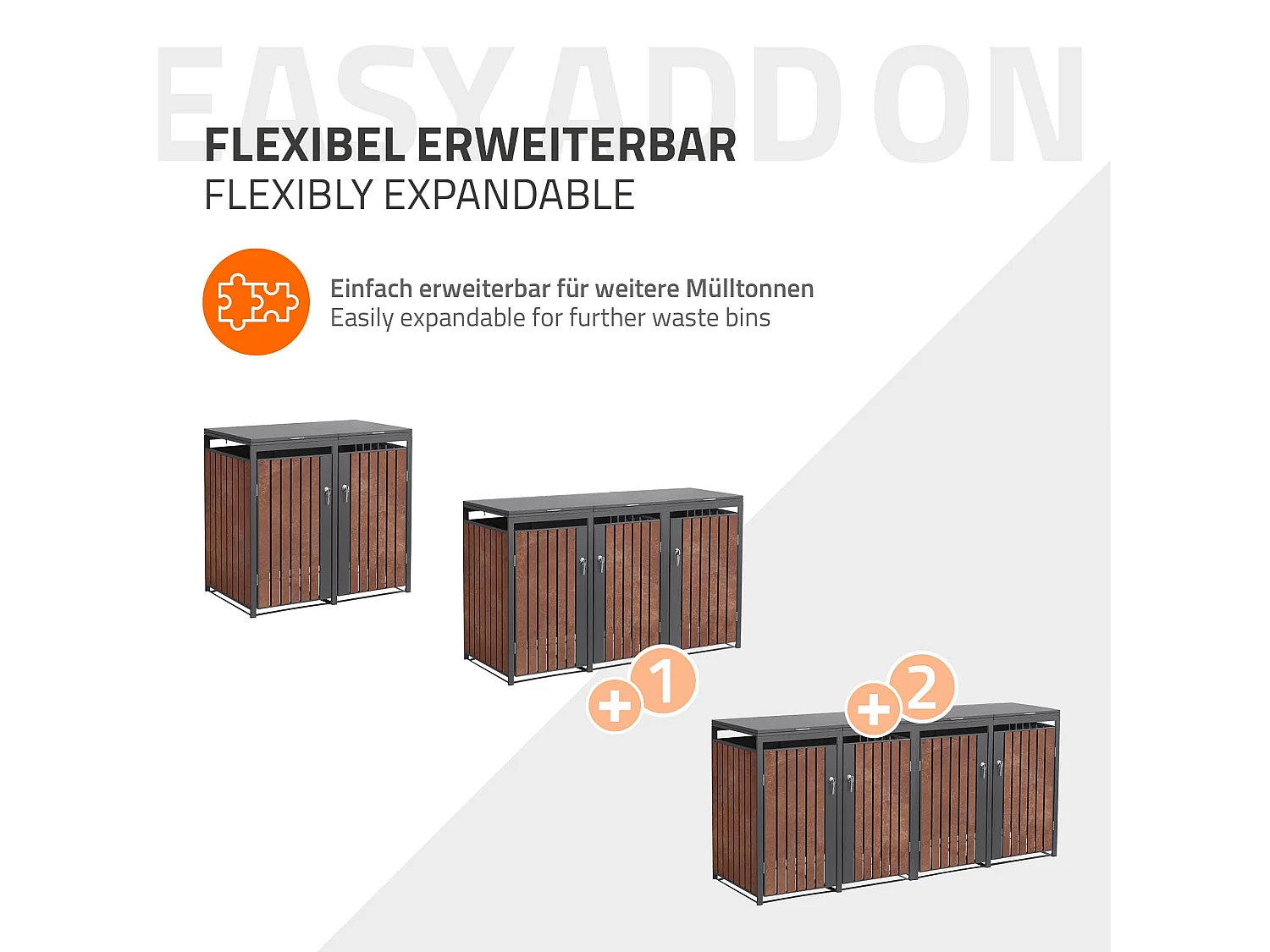 ML-Design Cobertizo de exterior para 2 cubos de basura de 132x80x120cm antracita y marrón óxido cubre contenedor con tapa, puerta y cerradura