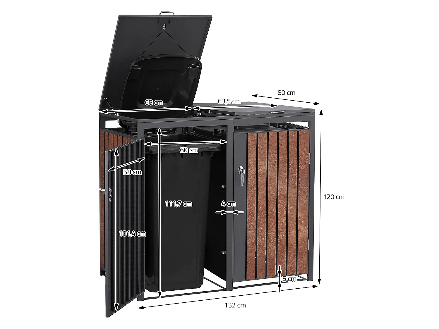 ML-Design Cobertizo de exterior para 2 cubos de basura de 132x80x120cm antracita y marrón óxido cubre contenedor con tapa, puerta y cerradura