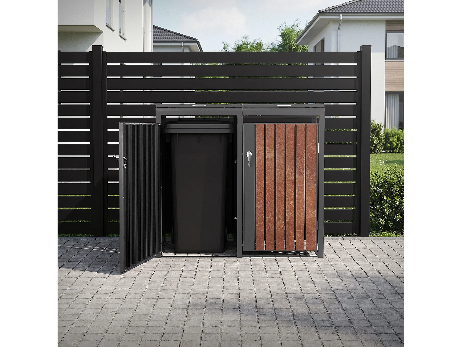 ML-Design Cobertizo de exterior para 2 cubos de basura de 132x80x120cm antracita y marrón óxido cubre contenedor con tapa, puerta y cerradura