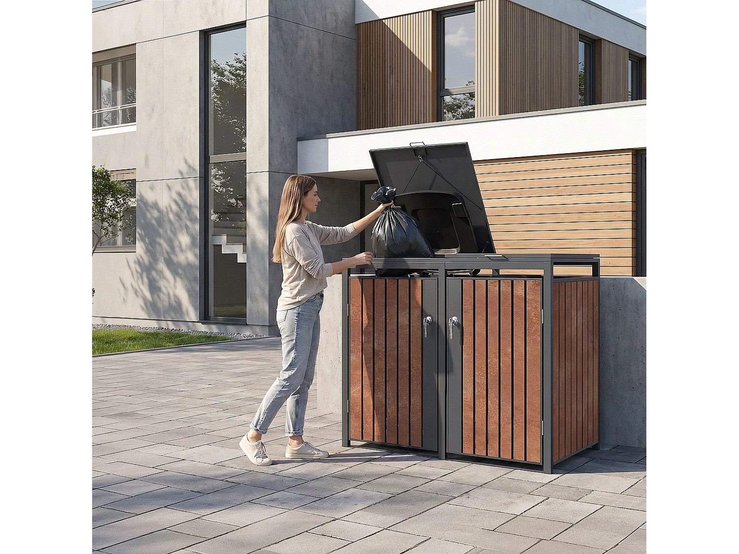 ML-Design Cobertizo de exterior para 2 cubos de basura de 132x80x120cm antracita y marrón óxido cubre contenedor con tapa, puerta y cerradura