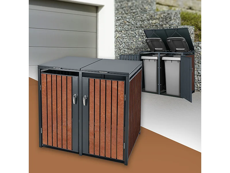 Abri pour 2 poubelles 132x80x116,3 cm capacité de 60L à 240L anthracite/aspect rouillé acier couvercle rabattable/2 portes résistant aux intempéries