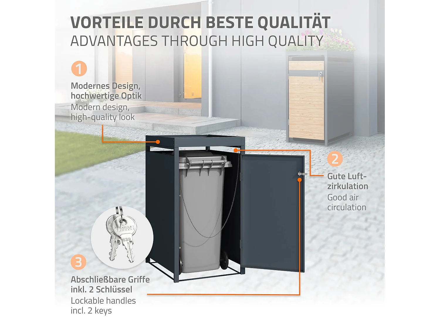 Abri pour 1 poubelle 68x80x124 cm capacité de 60L à 240L anthracite/aspect mélèze en acier avec toit pour plantes et porte résistant aux intempéries