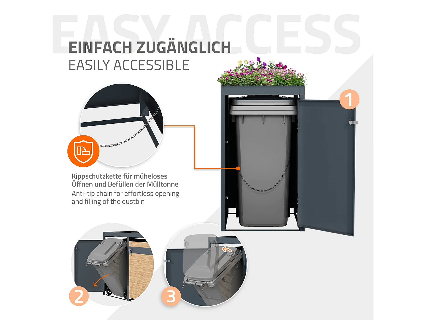 Abri pour 1 poubelle 68x80x124 cm capacité de 60L à 240L anthracite/aspect mélèze en acier avec toit pour plantes et porte résistant aux intempéries