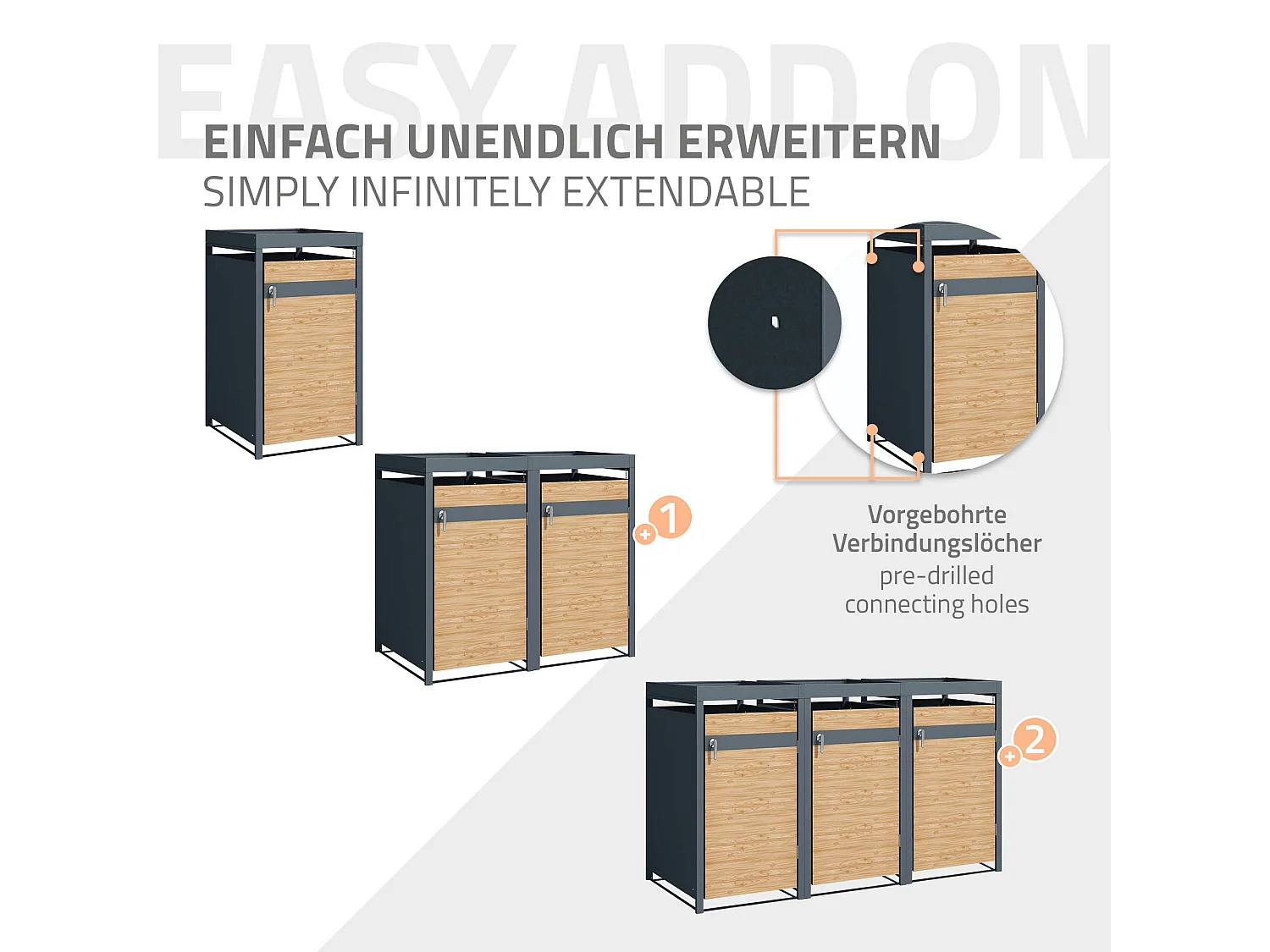 Abri pour 1 poubelle 68x80x124 cm capacité de 60L à 240L anthracite/aspect mélèze en acier avec toit pour plantes et porte résistant aux intempéries