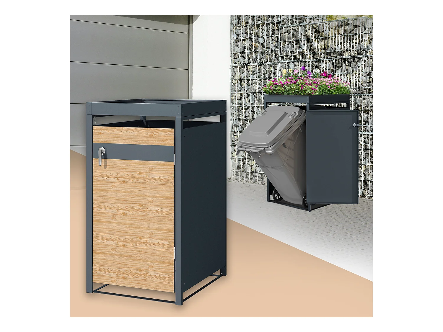 ML-Design Copribidone per 1 cestino da spazzatura con fioriera 240 L 68x80x124 cm antracite con aspetto larice acciaio resistente alle intemperie