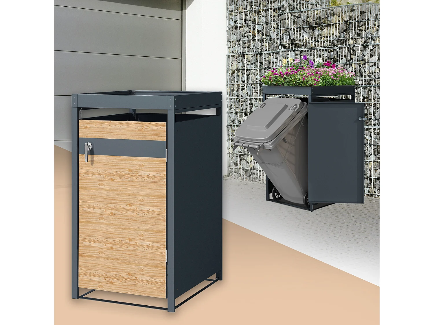 ML-Design Copribidone per 1 cestino da spazzatura con fioriera 240 L 68x80x124 cm antracite con aspetto larice acciaio resistente alle intemperie