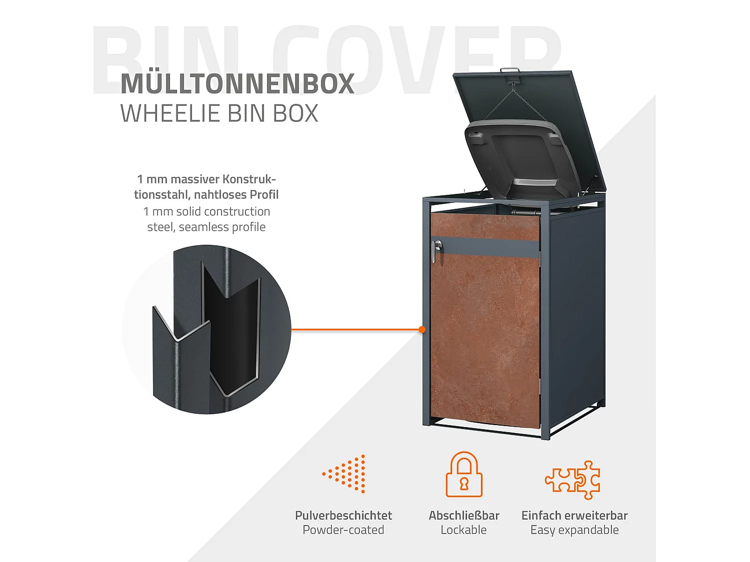 Abri pour 3 poubelles 200x80x116,3 cm capacité de 60L à 240L anthracite/aspect rouillé acier couvercle rabattable/3 portes résistant aux intempéries