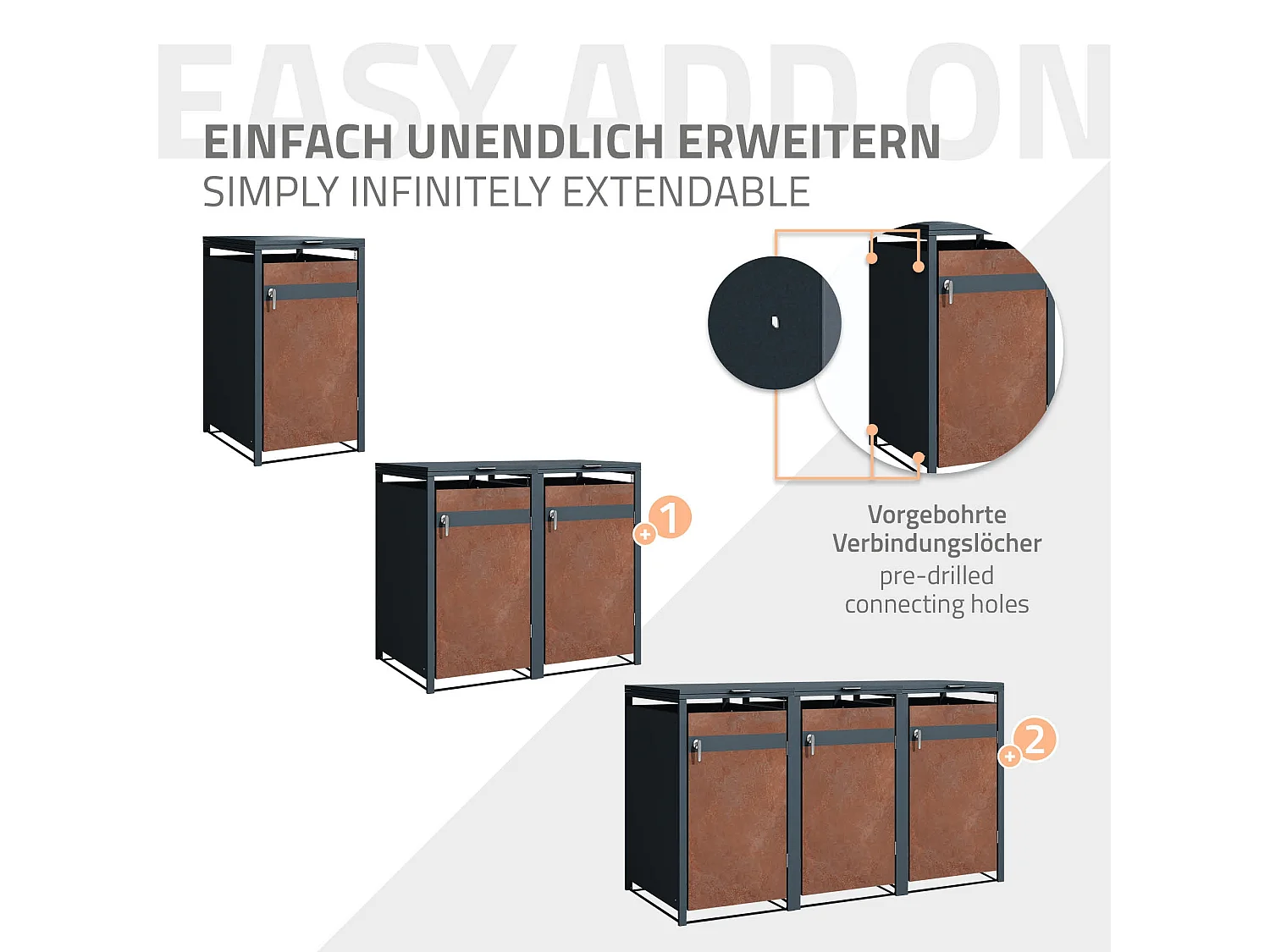Abri pour 3 poubelles 200x80x116,3 cm capacité de 60L à 240L anthracite/aspect rouillé acier couvercle rabattable/3 portes résistant aux intempéries