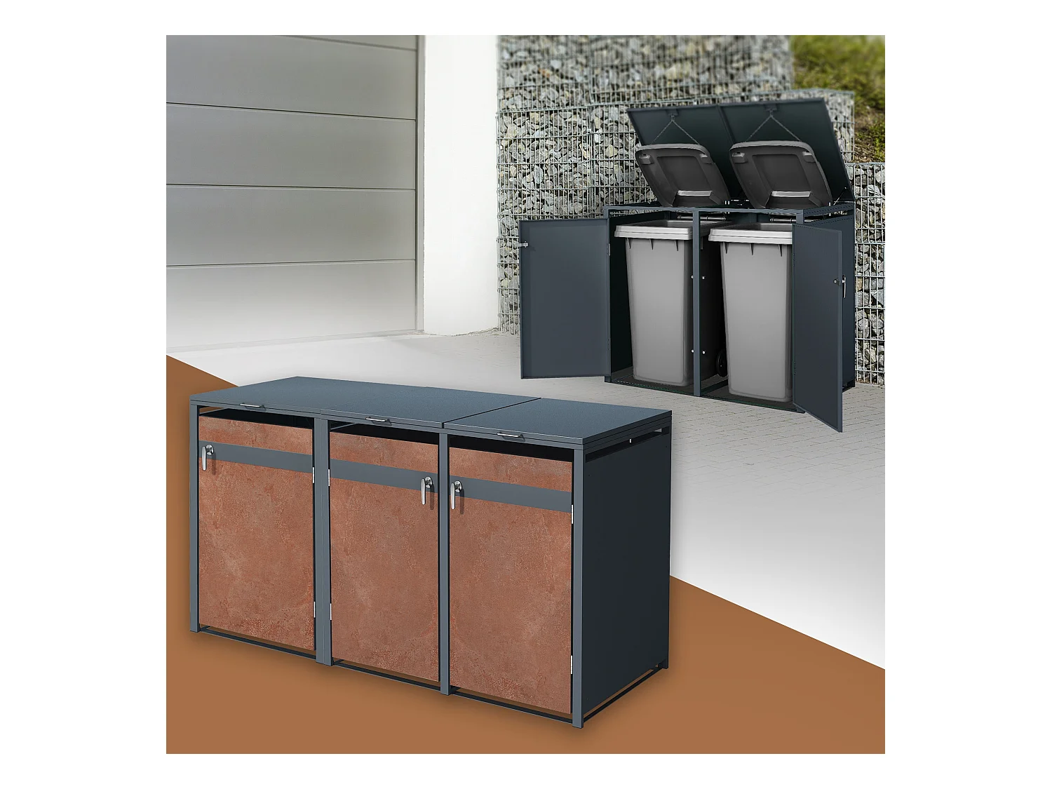 ML-Design Cobertizo de exterior para 3 cubos de basura de 240L 200x80x116,3 cm antracita acabado óxido cubre contenedor con tapa y 2 puertas